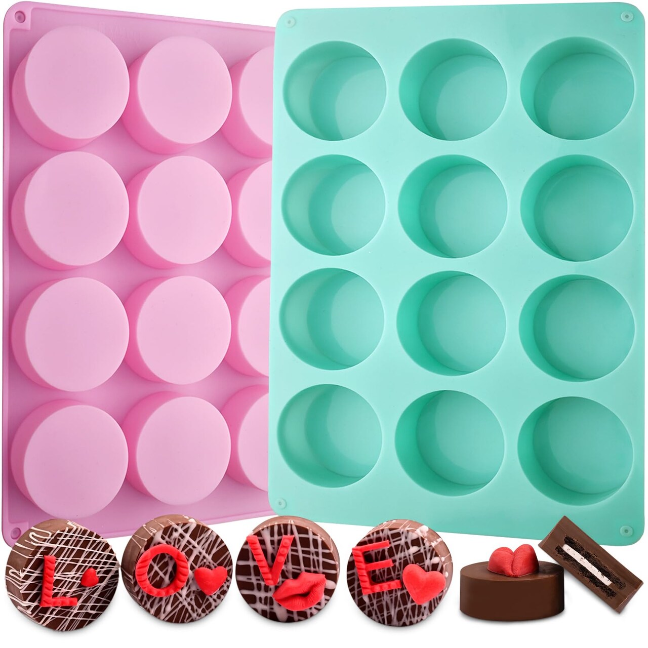 Round Chocolate Cookie Molds, New Size 12-Cavity Cylinder Chocolate Cover Cookie Silicone Molds for Candy Mini Cakes Jelly Baking(2 Pack)